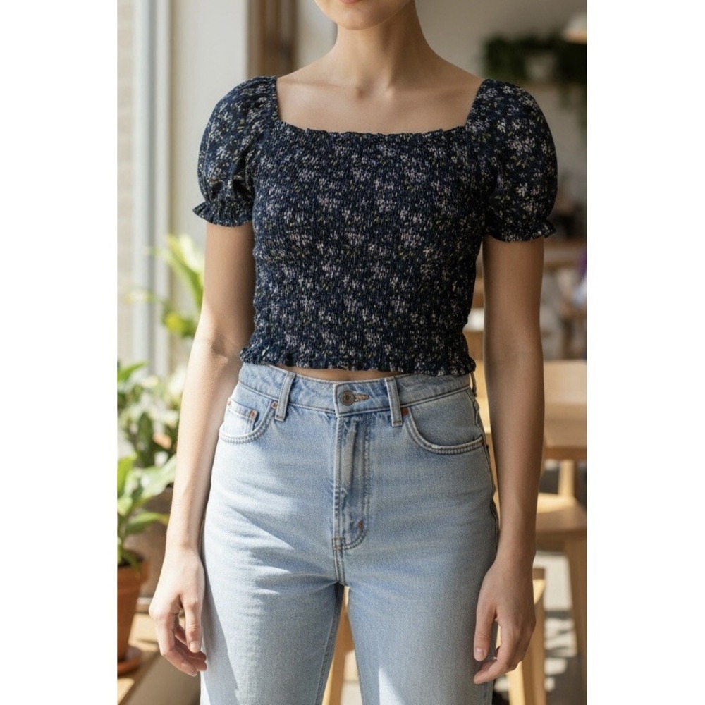 Madewell Smocked Puff Sleeve Crop Top XL Black Floral Goth Cottagecore Stretch